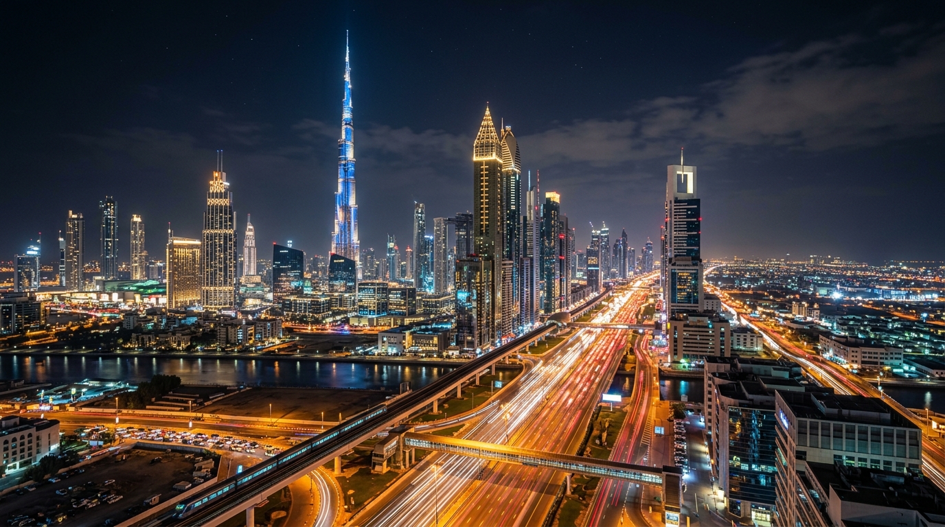 Dubai UAE Skyline with Burj Khalifa at Night